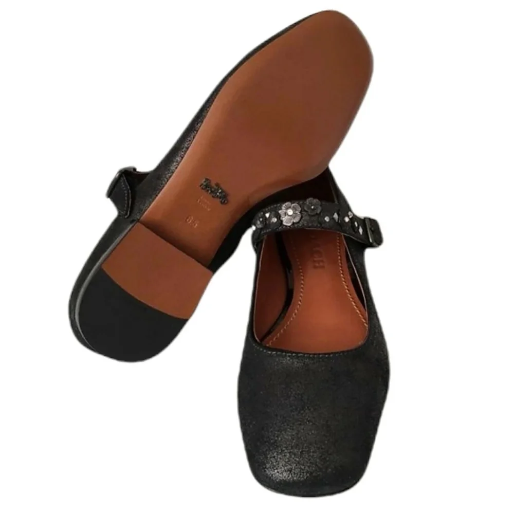 COACH Mary Jane Floral Embellished Anthracite Leather Flats Shoes size 6.5 - Picture 4 of 5